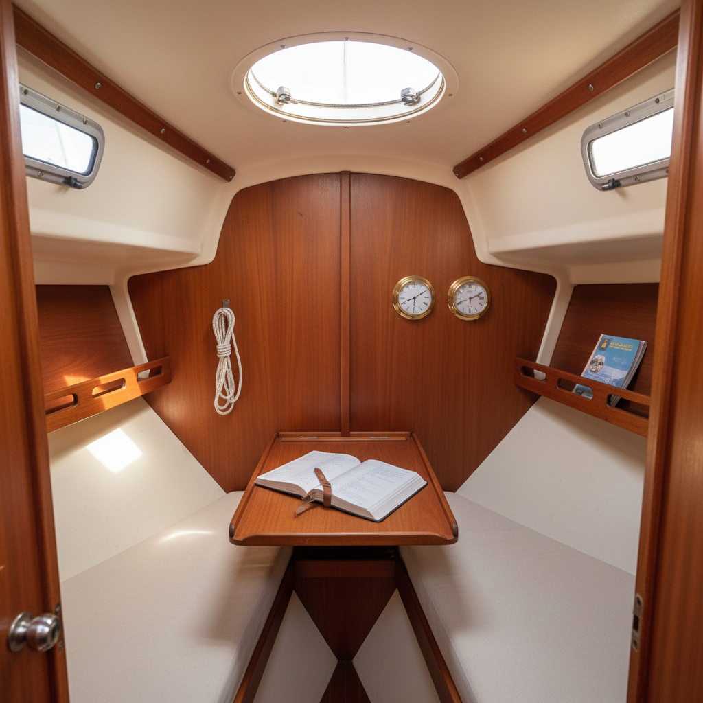 The compact but orderly interior of a Granada 24 sailboat, viewed from the companionway in photographic realism. Varnished mahogany trim frames light-colored cushions on the saloon berths, a small fold-down table holds an open logbook and a neatly coiled length of braided rope. On one bulkhead hangs a barometer and simple analog clock, while a small shelf holds a folded sailing almanac. Soft midday light enters through the forehatch and small side portlights, creating gentle highlights on the wood grain and subtle shadows in the corners. The eye-level composition captures the whole cabin in sharp focus, evoking a calm, thoughtful, and practical atmosphere for a beginner’s sailing experience blog.