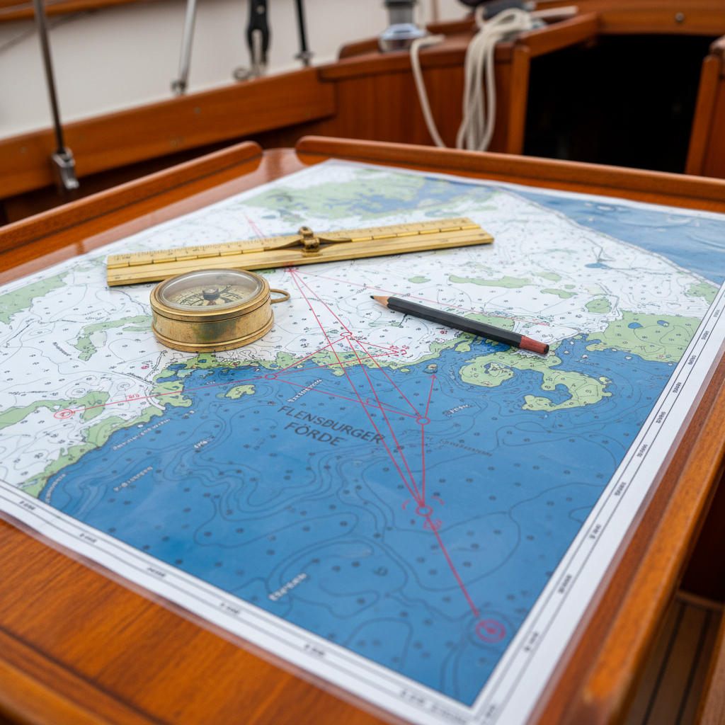 A detailed close-up of a laminated nautical chart of the Flensburger Förde spread out on a varnished teak cockpit table of a small cruising yacht. A classic magnetic compass, a brass-divided parallel ruler, and a well-used 2B pencil rest on the chart near carefully plotted waypoints and course lines. Soft overcast daylight filters into the cockpit, giving even, shadow-free illumination that highlights the symbols and depth contours. The composition uses a shallow depth of field, with the central intersection of lines in crisp focus and the cockpit coamings gently blurred, creating a concentrated, studious mood with clean photographic realism, perfectly suited to illustrate navigation and revierwissen topics.